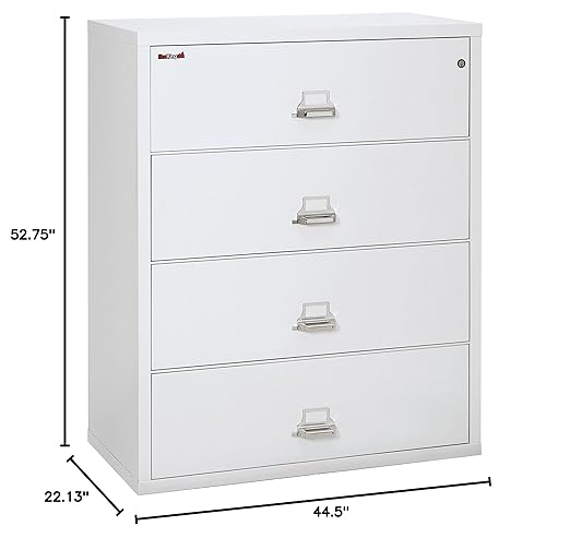 FireKing Fireproof Lateral File Cabinet (4 Drawers, Impact Resistant, Water Resistant), 44" W x 22" D, Arctic White, Made in USA