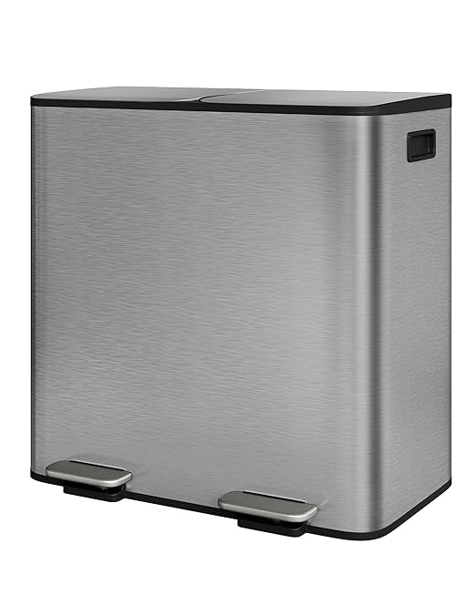 GarveeHome 2 x 10.6 Gallon Stainless Steel Double Trash Can with Lid for Kitchen, Large Dual Trash and Recycle Bin Combo, Step-on Kitchen Metal Garbage Cans, PP Inner Buckets, Liner Rim, Matte Grey
