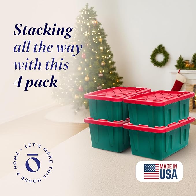 HOMZ 4-Pack Durabilt Tote, Heavy Duty Plastic Storage Bins with Lids, 15 Gallon, Green/Red - Stackable Organizing Containers for Home, Garage, and Office