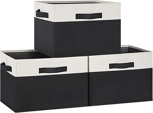 GhvyenntteS Large Storage Baskets for Shelves 3 Pack, Collapsible Fabric Storage Bins with 3 Handles, Decorative Closet Organizers and Storage bins for Clothes Blanket Beddings (Black, 15"x11"x9.6")