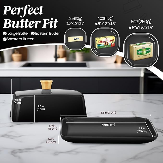 Flexzion Ceramic Black European Butter Dish with Lid for Countertop (8 Inch) - Wide 2 Stick Double Butter Holder for Counter, Cream Cheese Container Storage Keeper