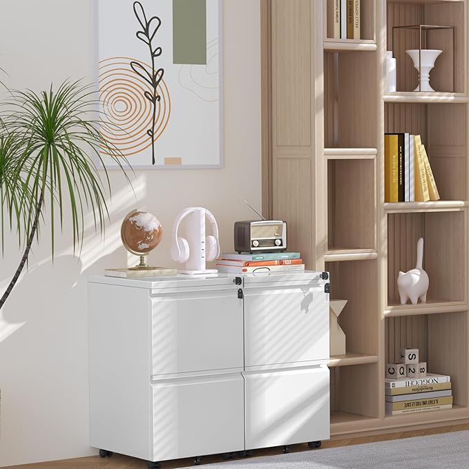 INTERGREAT Mobile File Cabinet with Lock,Under Desk Metal Filing Cabinet for Home Office, White 2 Drawer File Cabinets with Wheels for Legal/Letter/A4 File