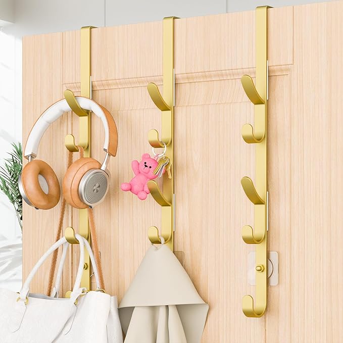 Over The Door Hooks, Metal Door Hooks for Hanging, Over The Door Purse Organizer for Door Coat Hanger, Back of Shower for Hanging Towel Rack Clothes, Hat, Bathroom, Closet (Gold-3Packs)
