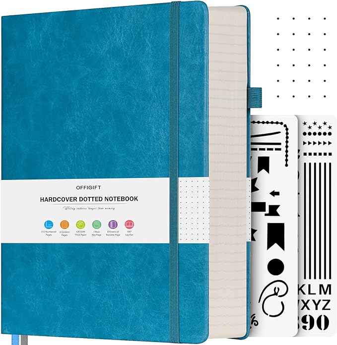 Dotted Journal Notebook, B5 Hardcover Bullet Notebook, 312 Numbered Pages Leather Notebook, 100gsm No Bleed Paper Dot Grid Notebook with Index Pages for Women Men, 7.6'' X 10'', Blue