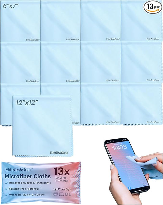 Elite Tech 13-Pack Microfiber Cloth Set - Washable Oversized Cleaner for Eyeglasses, Electronics, Screens & Lenses, Dual Sizes 6"x7" & 12" x12 - Microfiber Cleaning Cloth