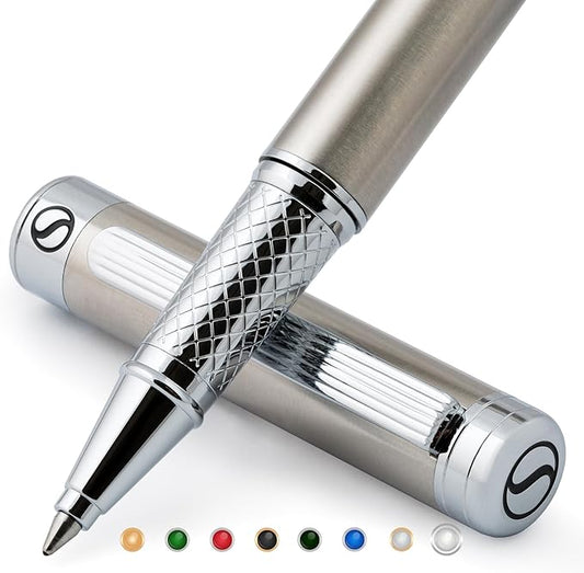 Scriveiner Stainless Steel Rollerball Pen - Stunning Luxury Metal Pen with Silver Chrome Finish, Schmidt Ink Refill, Best Roller Ball Pen Gift Set for Men & Women