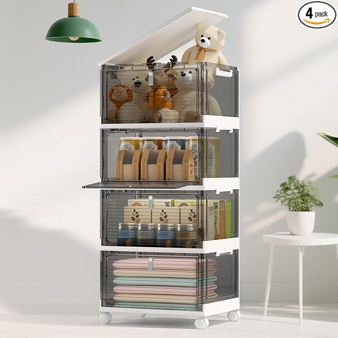 Storage Bins with Lids,4 Tier Stackable Storage Bins with Drawers,4 Pack Collapsible Plastic Boxes with Wheel-1 Lid,23QT Foldable Containers for Closet Living Room Bedroom Office(Grey)