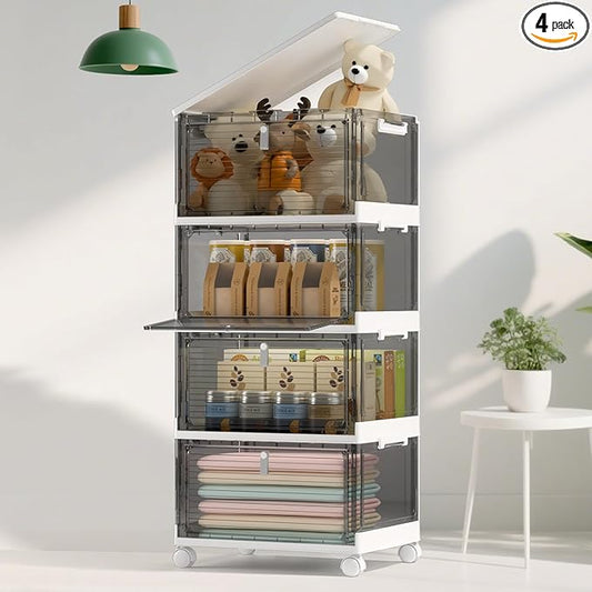 Storage Bins with Lids,4 Tier Stackable Storage Bins with Drawers,4 Pack Collapsible Plastic Boxes with Wheel-1 Lid,23QT Foldable Containers for Closet Living Room Bedroom Office(Grey)