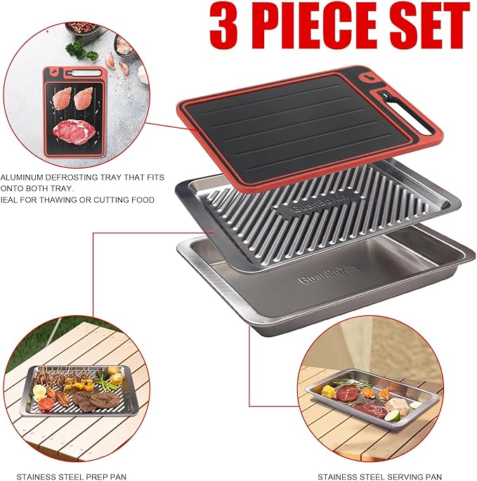 Prep and Serve Sets of 3PCS - Stainless Steel Container for Marinades, Stainless Steel Serving Tray, 2-in-1 Aluminum Defrosting Tray with Plastic Cutting Board, The BBQ Food Prep Grill Set