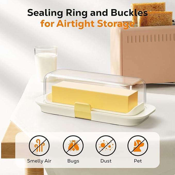 Butter Dish with Lid for Countertop and Refrigerator Door Shelf, Airtight Butter Keeper Container, Locking Butter Holder for East/West Coast Butter, BPA-free, Microwave/Dishwasher Safe
