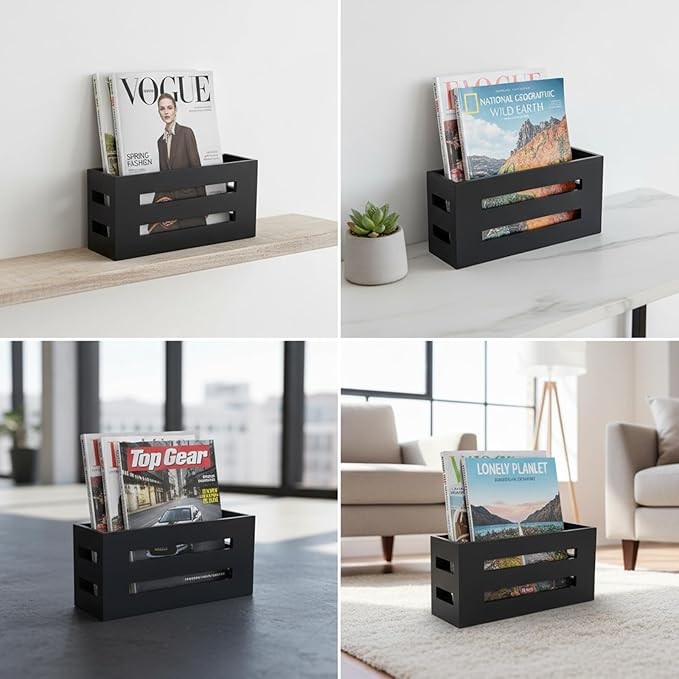 Magazine File Holder, Standing Wooden Magazine Rack, Desk Folder Organizer for Office & Bathroom-Black