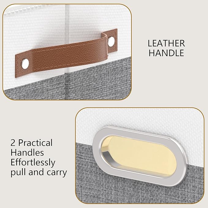 Yawinhe Fabric Storage Baskets, Foldable Closet Organizer for Shelves, Large Boxes with 3 Handles, Canvas Bins for Clothes, White/Grey, 12.99''Lx9.05''Wx7.87''H, 4-Pack