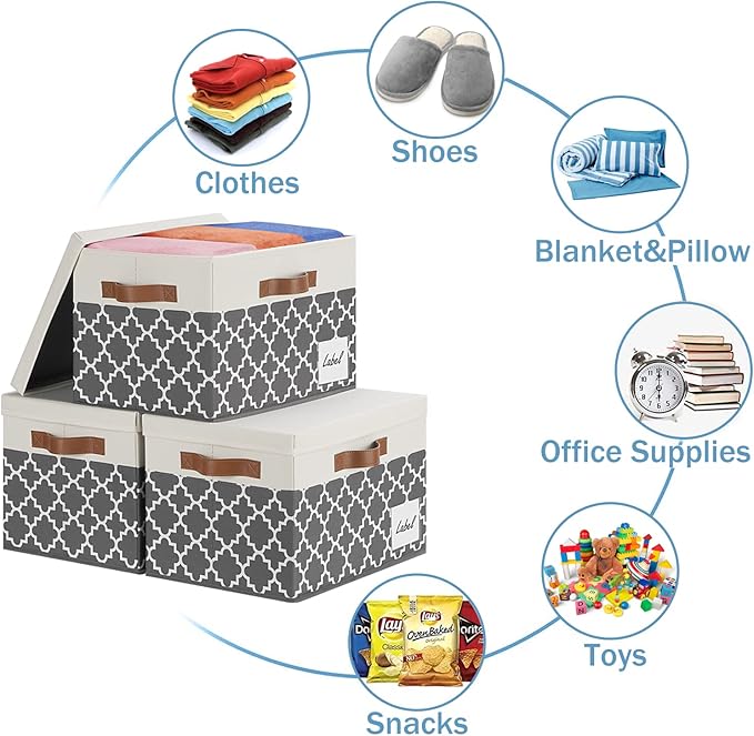 GhvyenntteS Extra Large Storage Bins with Lids, Foldable Fabric Storage Boxes with Lids and 3 Handles, Storage Baskets with Label for Home Office (3 Pack, White&Lattice Grey, 15.75x11.8x10.2)