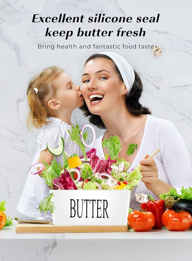 Butter Dish with Lid, Large Butter Container for Countertop, Ceramic Butter Holder for Counter, Butter Tray Butter Keeper with Knife and Sponge Scrubber, Perfect for 2 Sticks of Butter, White