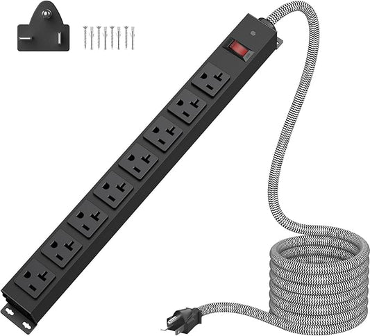 HEZI 20 Amp Power Strip Surge Protector 1200J, Metal 8 Outlets Heavy Duty 20amp, 15Ft 12 Gauge Extension Cord for Appliance Workbench Garage Industrial, Combine with T-Plug Adapter,5-20R T-Slot