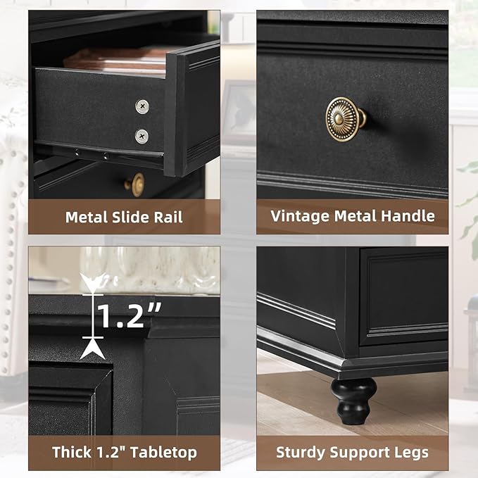 24" Wide Farmhouse Night Stand Set of 2,Large End Table with 3 Drawers & Metal Handle,Wood Dresser for Bedroom Cabinet, Bed Side Table Chest of Drawers,Nightstand for Living Room,Closet,Black