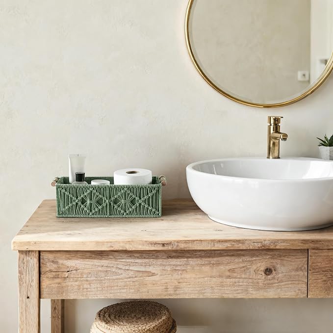 Mkono Macrame Storage Baskets Boho Decor Box Handmade Woven Decorative Countertop Toilet Tank Shelf Cabinet Organizer for Bedroom Livingroom Home, Set of 2, Green