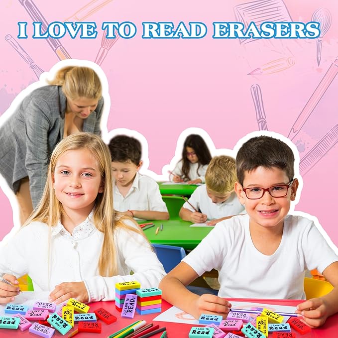 300 Pcs Inspirational Erasers for Kids Back to School Gifts I Love to Read Small Colorful Pencil Erasers for Students Classroom Cute Motivational Gift for Drawing School Office Supplies