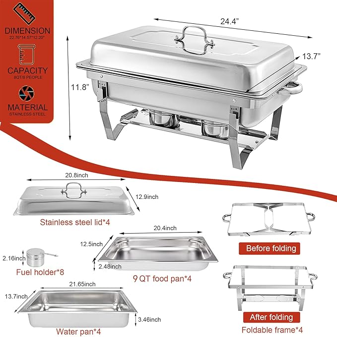 Chafing Dishes for Buffet 4 Pack 9 Quart Stainless Steel Chafer Buffet Servers and Warmers Set with Folding Frame for Weddings Parties Banquets Catering Events