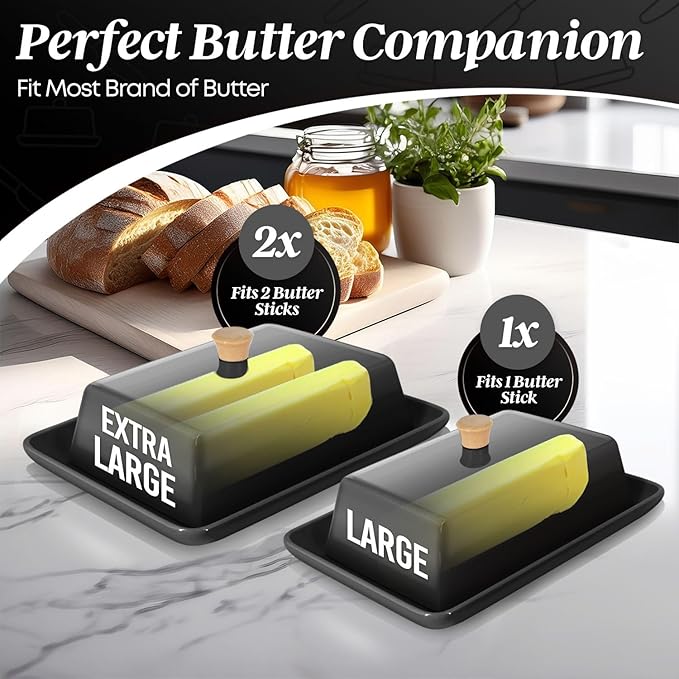 Flexzion Ceramic Black European Butter Dish with Lid for Countertop (7 Inch) - Wide 2 Stick Double Butter Holder for Counter, Cream Cheese Container Storage Keeper