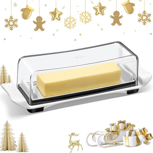 Butter Dish, IKOCO Airtight Butter Dish with Lid for Countertop and Refrigerator, Dishwasher Safe Butter Holder Container for Eastern and Western Butter, White