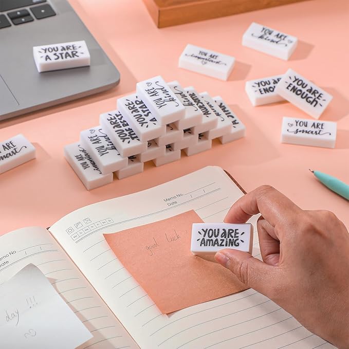 PerKoop 100 Pcs Back to School Inspirational Small Pencil Erasers Bulk for Kids, White Cute Fun Motivational Erasers Gifts for Teachers Students Classroom Reward First Day of School Supplies