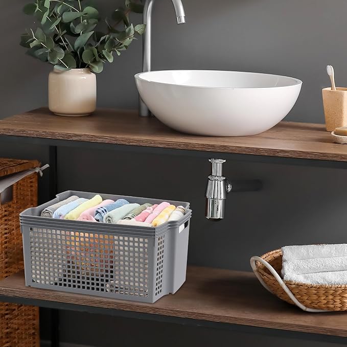 Large Plastic Stacking Storage Baskets, Grey Stackable Storage Bin, 6-Pack