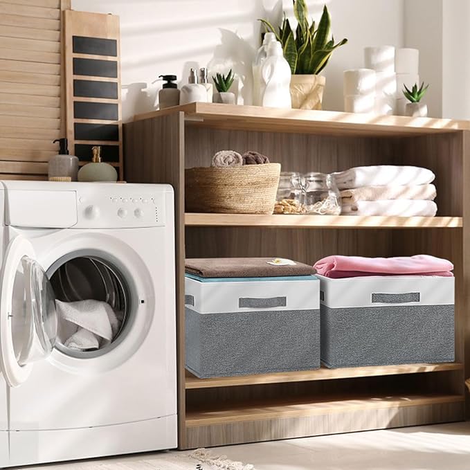 GhvyenntteS Large Closet Storage Bins with 3 Handles, 15x11x9.6 Inch Storage Baskets for Shelves, Foldable Fabric Storage Bins for Shelves, Closet Organizers and Storage Boxes 3 Pack