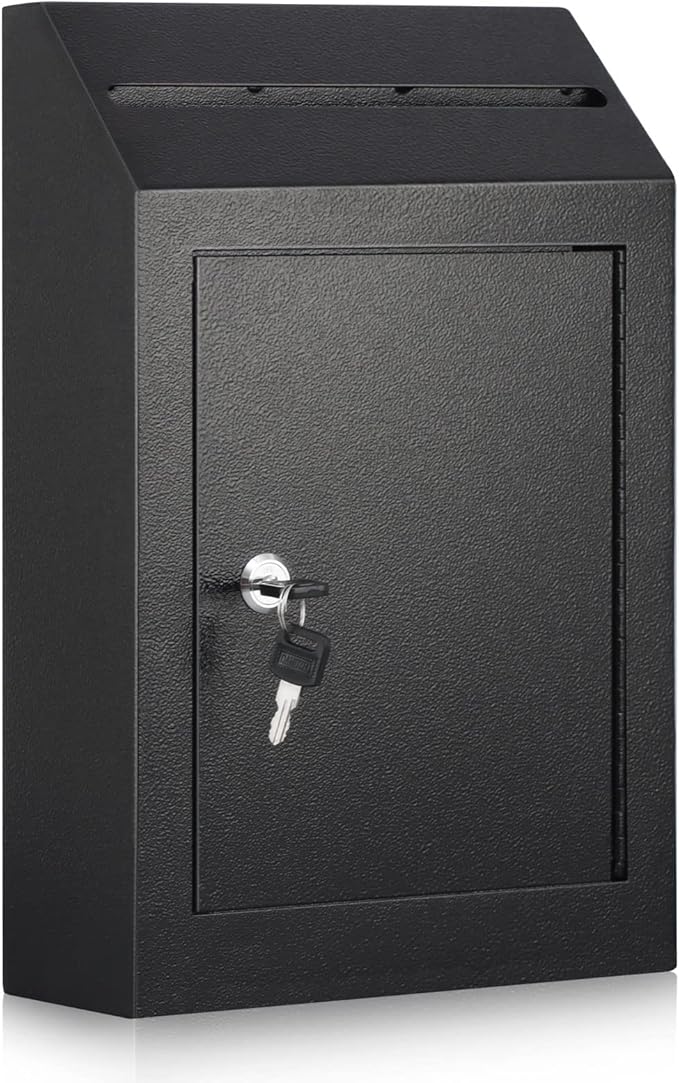 xydled Wall-Mount Mailbox,Heavy Duty Deposit Drop Box, Locking Metal Key Drop Box Suggestion Box with Key Lock,Secured Safe Storage Box Postbox for Home&Business Use,15x12x4 Inch,Black