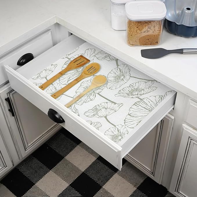 Shelf Liner for Kitchen Cabinets Non Adhesive Kitchen Drawer Liner,Non-Slip Lotus Cabinet Liner Shelf Paper,Pantry Shelf Liners for Cabinets Dresser Cupboard Liner Decorative 15.7In x 16.4FT