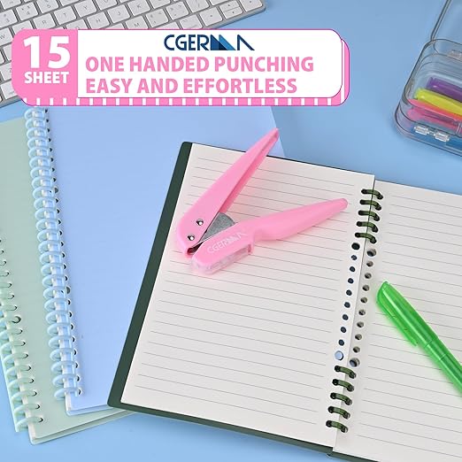 Single Hole Punch, with 30 Pcs Loose Leaf Binder Rings, 1/4" Hole Punches, 50% Labor Savings, Paper Hole Puncher, 15 Sheet Capacity, for Paper Cards Plastic Cardboard, Lightweight, Pink