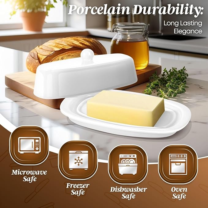 Flexzion Ceramic White European Butter Dish with Lid for Countertop (7 Inch) - 1 Stick Butter Holder for Counter, Cream Cheese Container Storage Keeper