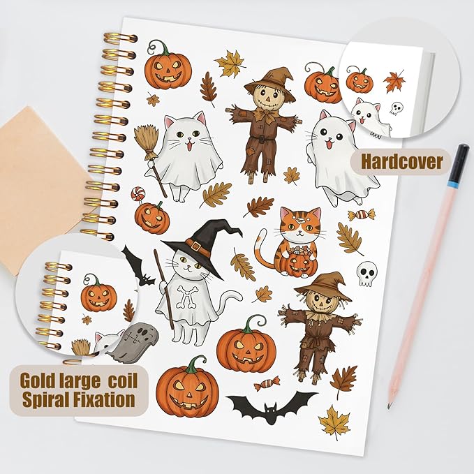 WUCHJ Halloween Notebook, Spooky Pumpkin Ghost Cat Bats Journal, Fall Maple Leaf Scarecrow Spiral Notebook Journal for Note Taking, Fall Halloween Office Supplies, 5.5x8.3 Inch