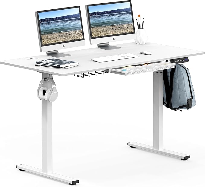 SHW 55 x 28 Inches Electric Height Adjustable Standing Desk with Drawer and Memory Preset, White