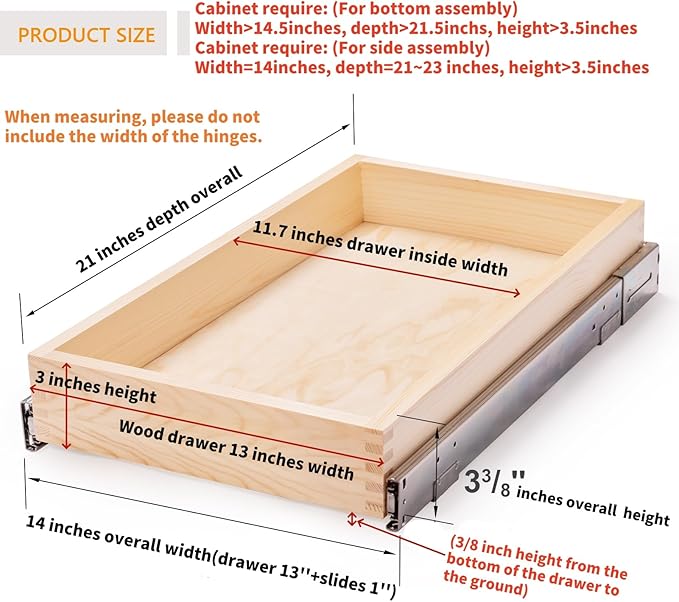 13”W x 21”D x 3”H Soft Close Slide Out Wood Drawer Organizer for Kitchen, (Cabinet Opening Width>14.5 inches for Bottom Assembly, Width= 14 inches for Side Assembly)
