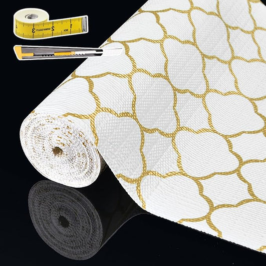 Shelf Liners for Kitchen Cabinets 23in x 20FT Non Adhesive Drawer Liner Gold Quatrefoil Thickened Shelf Liner Paper Strong Non-Slip Easy to Clean for Tool Box Refrigerator with Knife and Tape Measure
