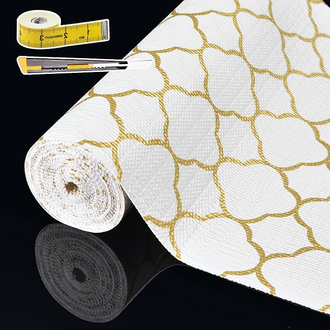 Shelf Liners for Kitchen Cabinets 12in x 30FT Non Adhesive Drawer Liner Gold Quatrefoil Thickened Shelf Liner Paper Strong Non-Slip Easy to Clean for Tool Box Refrigerator with Knife and Tape Measure