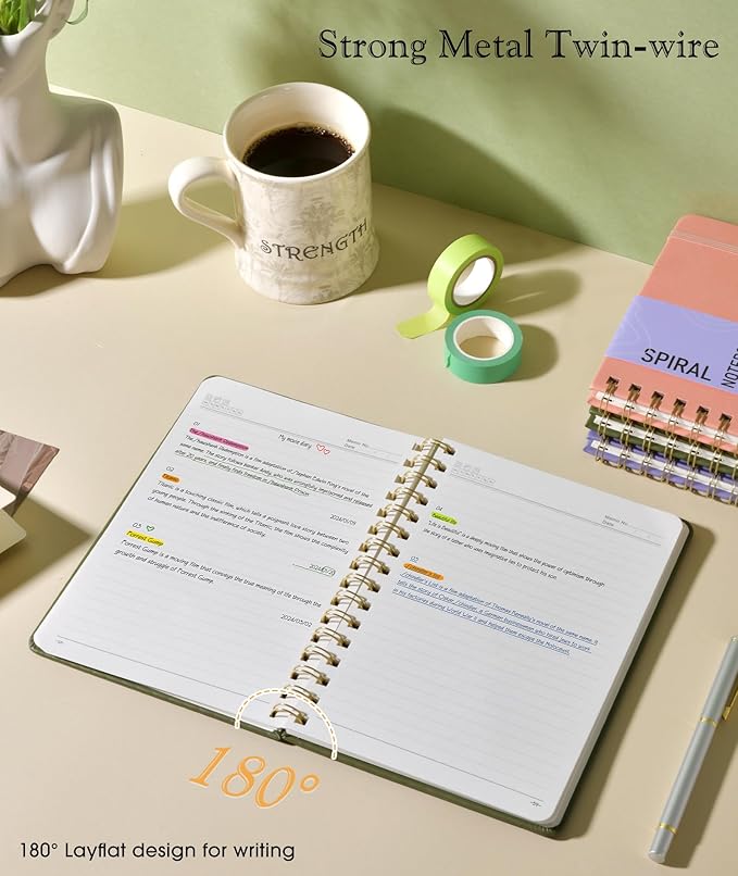 Lined Spiral Journal Notebook, A5 Hardcover Spiral Journals for Women Men, 150 Numbered Pages Spiral Bound Notebook, 100 GSM College Ruled Notebooks for Work, Note Taking 5.75" x 8.38", Olive Green