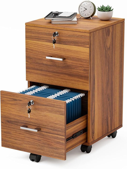 VINGLI 2-Drawer Rolling File Cabinet with Lock, Wood Mobile File Organization for Hanging Letter Size Filings Under Desk Filing Cabinets for Home Office, Assembly Required, Classic Walnut, 26.5" H