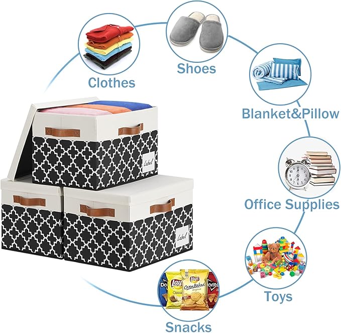 GhvyenntteS Extra Large Storage Bins with Lids, Foldable Fabric Storage Boxes with Lids and 3 Handles, Storage Baskets with Label Window (3 Pack, White&Lattice Black, 15.75x11.8x10.2)