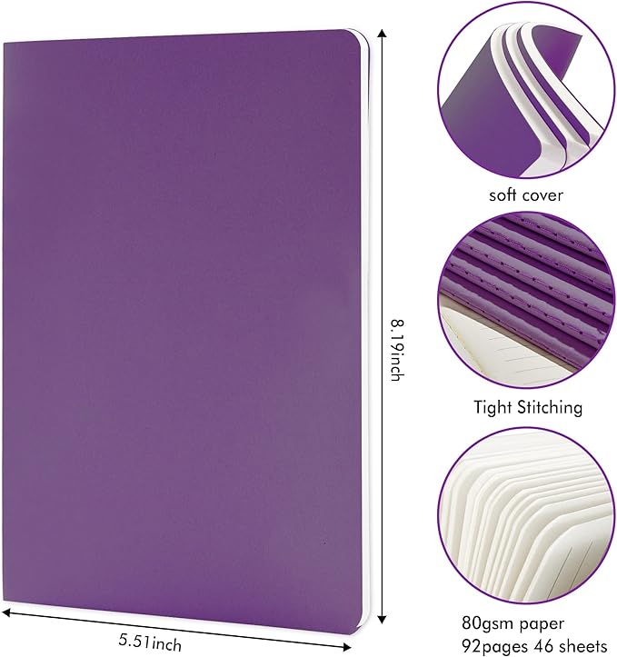 feela 8 Pack Soft Cover Journal Bulk, Notebooks College Ruled for Work, Lined Travel Journal for Women Men, Note Taking Notebook School Supplies Business Writing, 8.2” x 5.5”, A5, Dark Purple