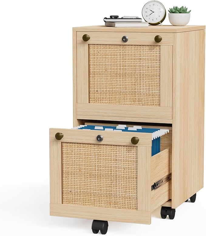 VINGLI 2 Drawer File Cabinet with Lock, Rolling File Cabinets for Home Office, Small Printer Stand, Wood Rattan Oak File Organizer, Under Desk Filing Cabinet on Wheels for Folders with Tabs