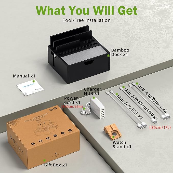 Pezin & Hulin Bamboo Charging Station for Multi Device with 5 USB Charger HUB, Phone Docking Station with Lined Tray & Drawer(Include 5 Charger Cables)-Black