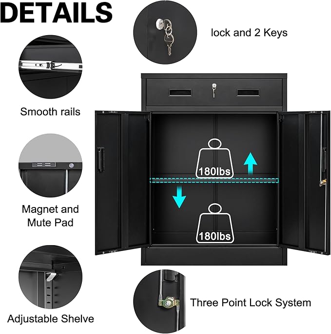 BESFUR Locking Storage Cabinet, Metal Cabinet with Oversized Drawer, Office Storage for Home, Garage, School - Black