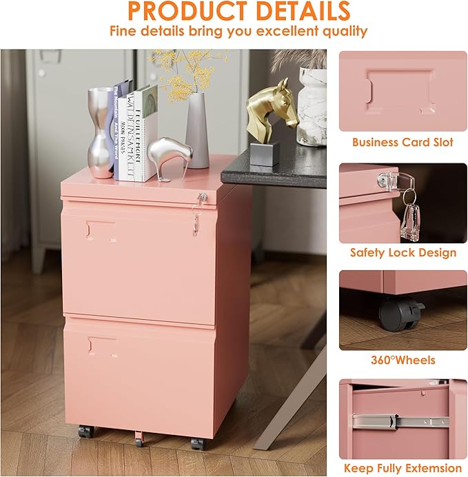 2 Drawer Mobile File Cabinet with Lock, Under Desk Metal Filing Cabinet for Office, Home,Vertical Cabinet Legal/Letter Size, Need to Assembled (Pink)