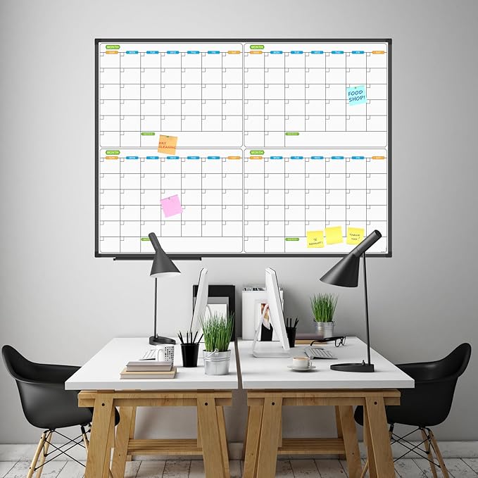 JILoffice Magnetic Dry Erase Calendar Whiteboard, 4 Month White Board Planner 48 X 36 Inch, Black Aluminum Frame Wall Mounted Board for Office Home and School
