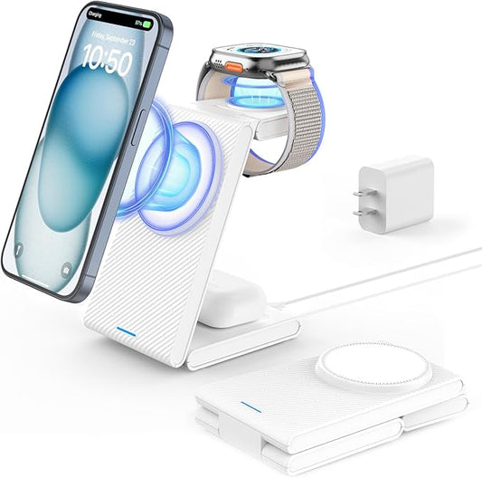 3 in 1 Wireless Charging Station, Foldable Magnetic Wireless Charger Stand for Multiple Devices, Wireless Charger for iPhone 16/15/14/13/12, Apple Watch 9/8/7/6/SE/5/4/3/2, AirPods 3/2/Pro