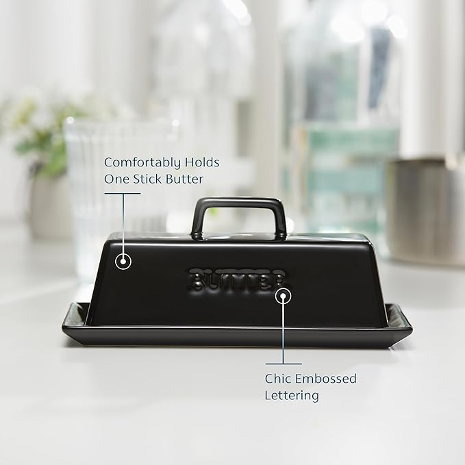 Butter Dish with Lid for Countertop, by Kook, Ceramic Dish Tray with Cover, Kitchen Keeper, Container, Holder, Holds 1 Stick, Microwave and Dishwasher Safe, Black