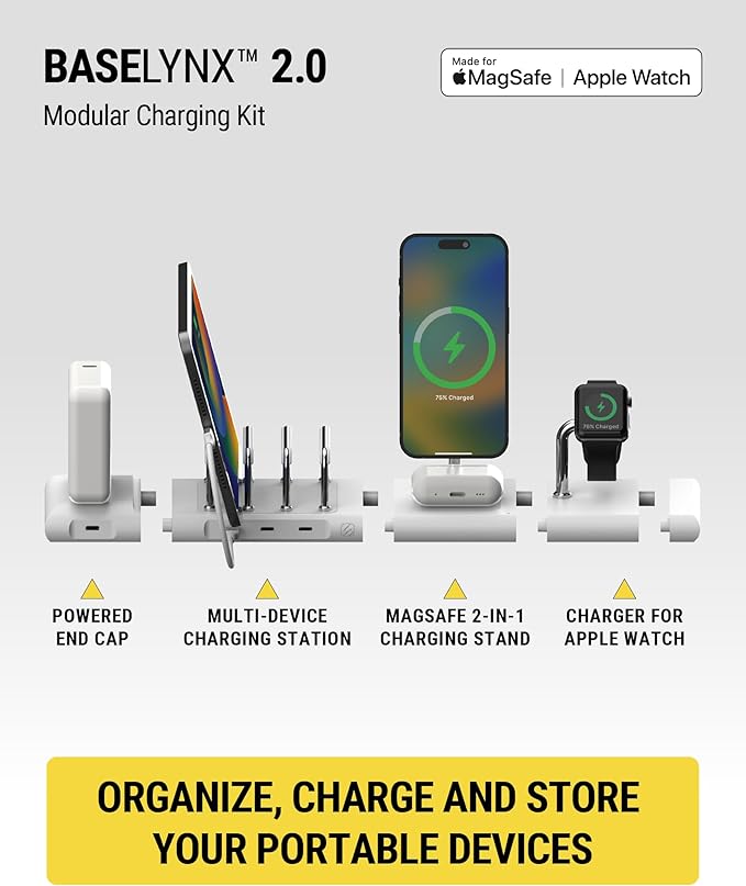 Scosche BaseLynx 2.0 Pro Modular Charging Station: MagSafe Wireless Stand for iPhone, AirPods Charging Pad, Multi Device Phone Charger, Apple Watch Charger & Powered End Cap AC Outlet with USB-C Port
