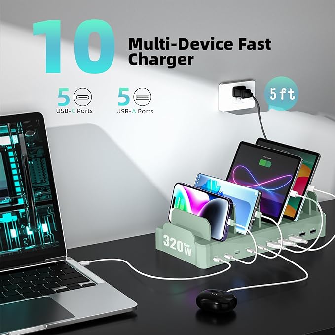 Charging Station for Multiple Devices, Zobirez 10-Port USB C Fast Charger Stations for MacBook, iPhone, Android Cell Phone, iPad, Tablet, Family Multi-Device Organizer Charging Dock, Green